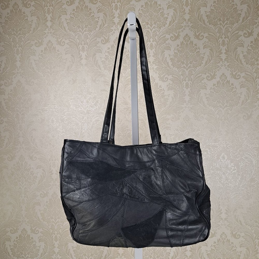 Genuine Black Leather Patchwork Double Handled Sh… - image 2